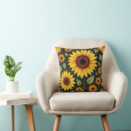 Gelbe Sonnenblumen auf schwarz Kissen