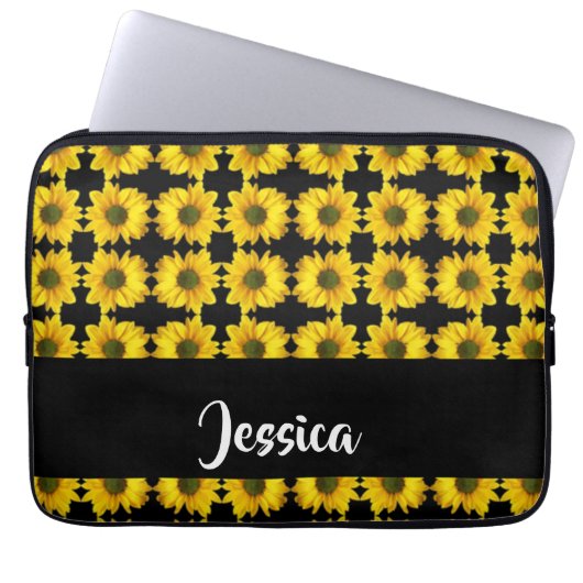 Gelbe Sonnenblumen auf schwarz Laptopschutzhülle (Vorderseite)