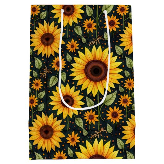 Gelbe Sonnenblumen auf schwarz Mittlere Geschenktüte (Rückseite)