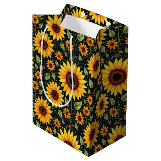 Gelbe Sonnenblumen auf schwarz Mittlere Geschenktüte (Rückseite Schrägansicht)