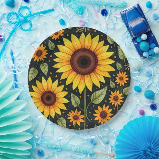 Gelbe Sonnenblumen auf schwarz Pappteller (Party)