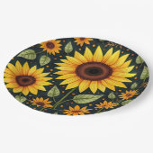 Gelbe Sonnenblumen auf schwarz Pappteller (Schrägansicht)