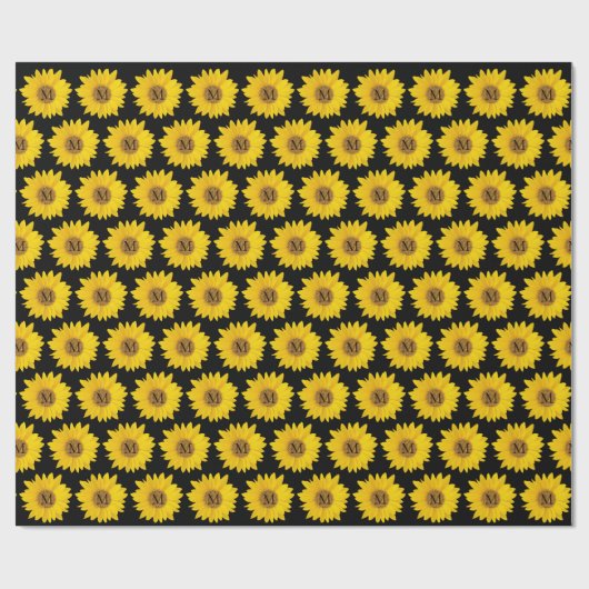 Gelbe Sonnenblumen auf Schwarzer Monogramm Geschenkpapier (Flach)