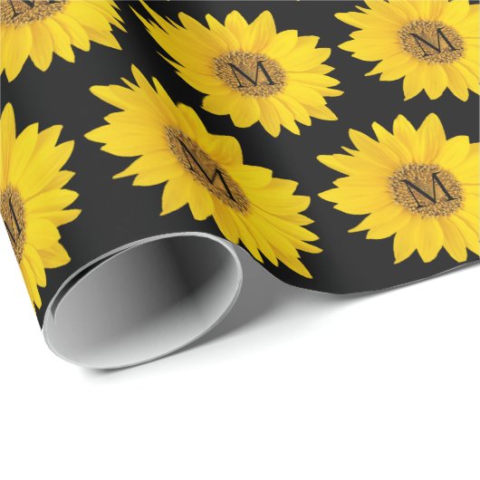 Gelbe Sonnenblumen auf Schwarzer Monogramm Geschenkpapier (Rolleneckpunkt)