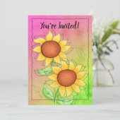 Gelbe Sonnenblumen auf texturiertem Rosa Grün Einladung (Stehend Vorderseite)