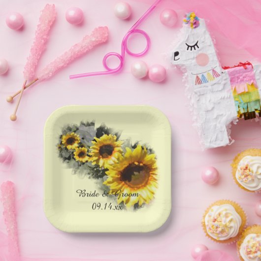 Gelbe Sonnenblumen bei einer Hochzeit im Row-Garte Pappteller (Party)