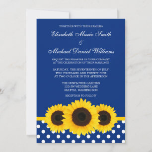 Gelbe Sonnenblumen Blaue und Weiße Punkte Hochzeit Einladung