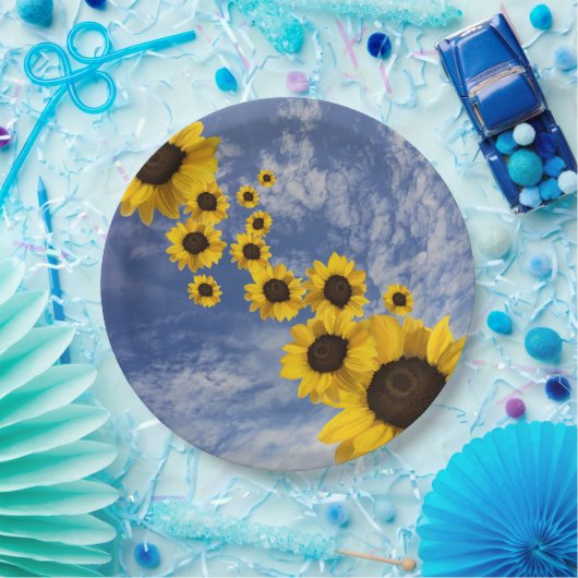 Gelbe Sonnenblumen blauer Himmel Pappteller (Party)