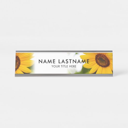 Gelbe Sonnenblumen Blumenblüten Botanischer Weißer Schreibtischnamensplakette (Vorderseite )