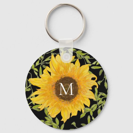Gelbe Sonnenblumen Blütenfarben, monogramm, schwar Schlüsselanhänger (Vorderseite)