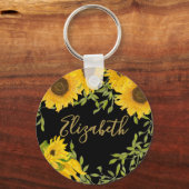Gelbe Sonnenblumen Blütenschwarz individuelle Name Schlüsselanhänger (Vorderseite)