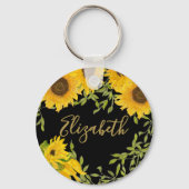 Gelbe Sonnenblumen Blütenschwarz individuelle Name Schlüsselanhänger (Rückseite)