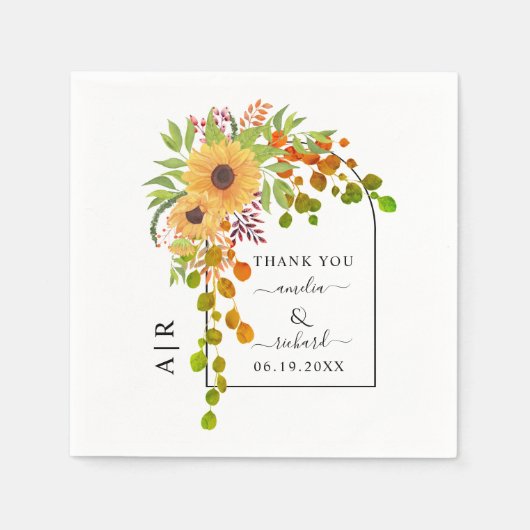 Gelbe Sonnenblumen, Bogen und Initialen Hochzeit i Serviette (Vorderseite)