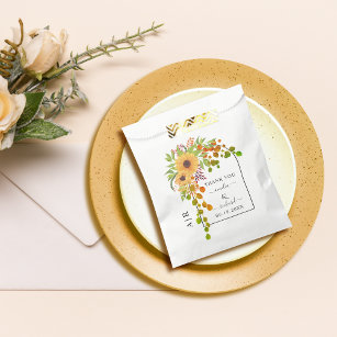 Gelbe Sonnenblumen, Bogen und Monogramm-Hochzeit i Geschenktütchen