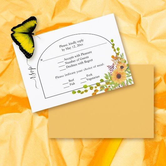 Gelbe Sonnenblumen, Bogen und Monogramm-Hochzeit i RSVP Karte