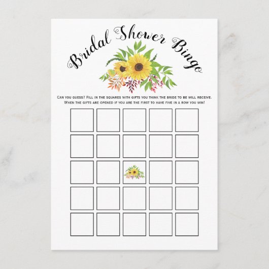 Gelbe Sonnenblumen Brautparty-Bingo-Spielkarte Begleitkarte (Vorderseite)