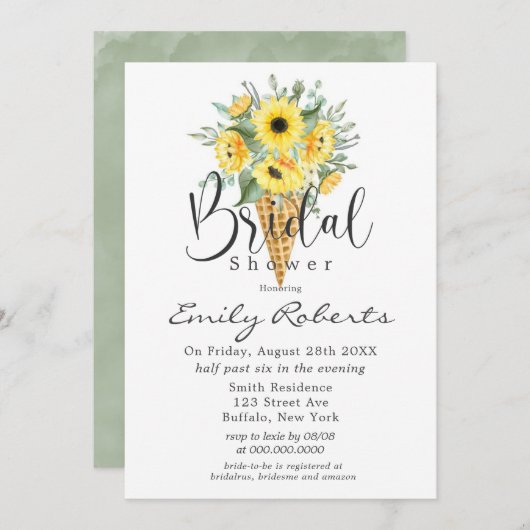 Gelbe Sonnenblumen Eiscreme Kone Brautparty in Einladung (Vorne/Hinten)