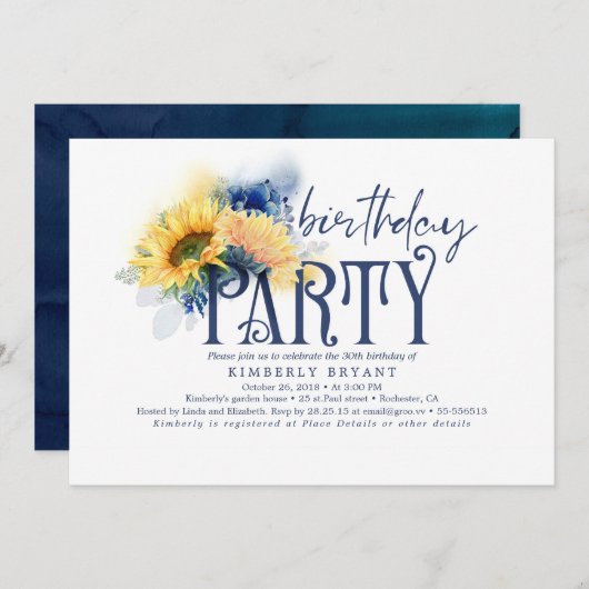 Gelbe Sonnenblumen Elegante Marine Blauer Geburtst Einladung (Vorne/Hinten)