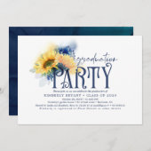 Gelbe Sonnenblumen Eleganter Blauer Abschluss Einladung (Vorne/Hinten)