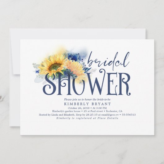 Gelbe Sonnenblumen Elegantes blaues Brautparty Einladung (Vorderseite)