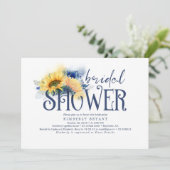 Gelbe Sonnenblumen Elegantes blaues Brautparty Einladung (Stehend Vorderseite)