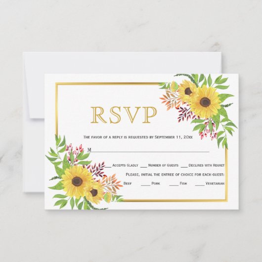 Gelbe Sonnenblumen, Goldrahmen Hochzeit RSVP-Karte RSVP Karte (Vorderseite)