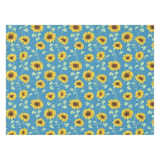 Gelbe Sonnenblumen, grüne Blätter, blauer Hintergr Tischdecke (Vorderseite (Horizontal))