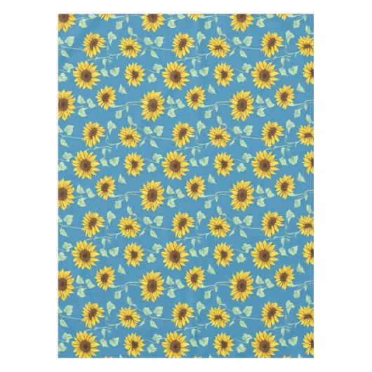 Gelbe Sonnenblumen, grüne Blätter, blauer Hintergr Tischdecke (Vorderseite)