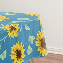 Gelbe Sonnenblumen, grüne Blätter, blauer Hintergr Tischdecke
