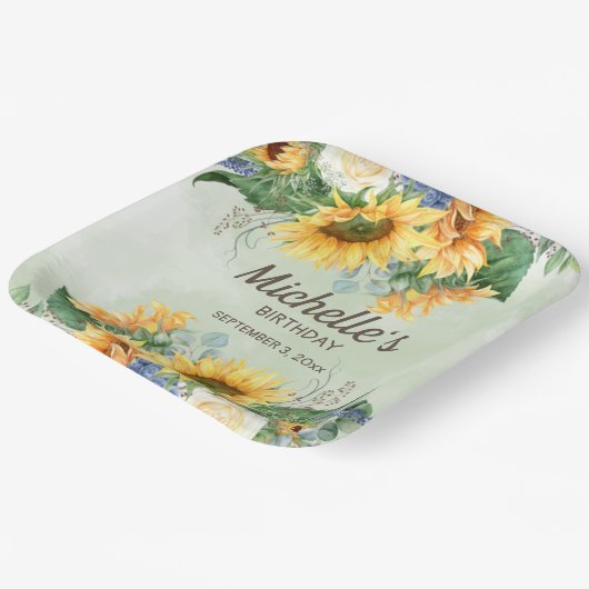 Gelbe Sonnenblumen Grüner Eukalyptus Geburtstag Pappteller (Gewinkelt)