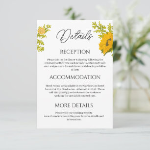 Gelbe Sonnenblumen-Hochzeitsdetails Beilagekarte Dankeskarte