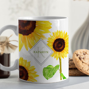 Gelbe Sonnenblumen illustriertes Monogramm Kaffeetasse