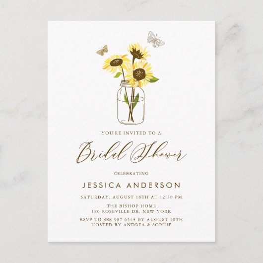 Gelbe Sonnenblumen im Brautparty Mason Jar Einladungspostkarte (Vorderseite)