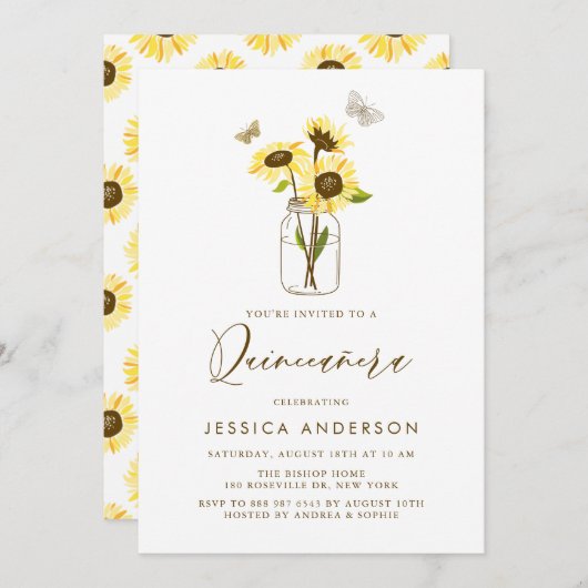 Gelbe Sonnenblumen in einem Mason Jar Quinceñera Einladung (Vorne/Hinten)