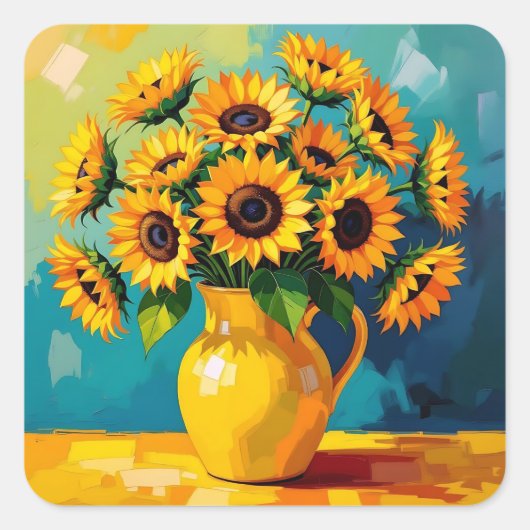 Gelbe Sonnenblumen in einer Gelbvase Quadratischer Aufkleber (Vorderseite)