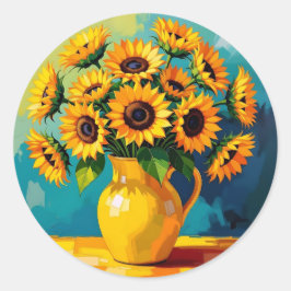 Gelbe Sonnenblumen in einer Gelbvase Runder Aufkleber