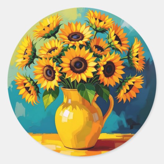 Gelbe Sonnenblumen in einer Gelbvase Runder Aufkleber (Vorderseite)