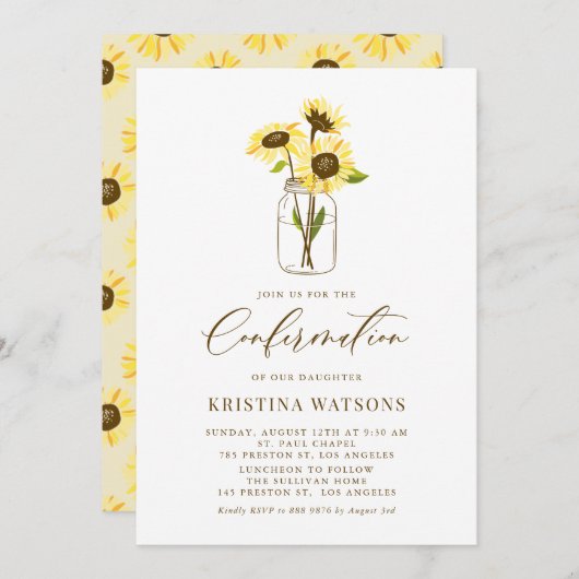 Gelbe Sonnenblumen in einer Mason Jar Bestätigung Einladung (Vorne/Hinten)