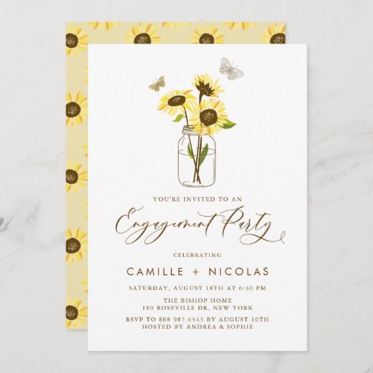 Gelbe Sonnenblumen in Mason Jar Engagement Party Einladung (Vorne/Hinten)