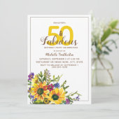 Gelbe Sonnenblumen Lila Blüten 50 Fantastisch Einladung (Stehend Vorderseite)