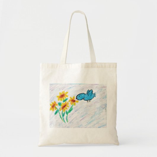 Gelbe Sonnenblumen mit Blauem Vogel Tragetasche (Vorne)