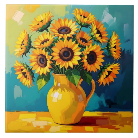 Gelbe Sonnenblumen mit türkisfarbenem Hintergrund Fliese (Vorderseite)