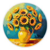 Gelbe Sonnenblumen mit türkisfarbenem Hintergrund Keramikknauf (Vorderseite)
