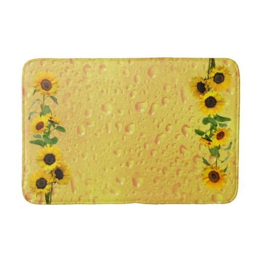 Gelbe Sonnenblumen mit Wasserregen fallen auf Glas Badematte (Vorderseite)