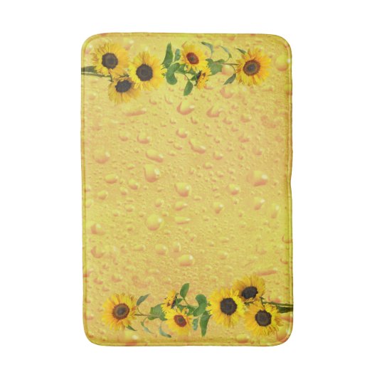 Gelbe Sonnenblumen mit Wasserregen fallen auf Glas Badematte (Vorderseite Vertikal)