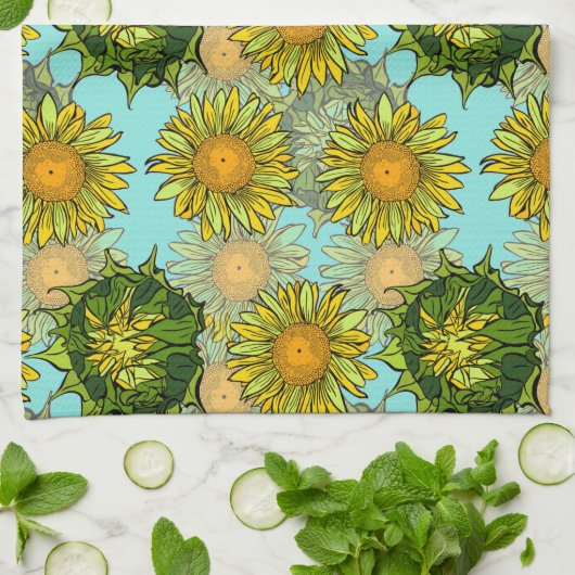 Gelbe Sonnenblumen Muster mit Foliage und Buds Geschirrtuch (Gefaltet)