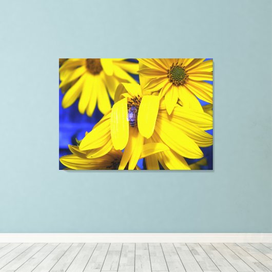 Gelbe Sonnenblumen N blaue Bienen ummantelte Canva Leinwanddruck (Insitu (Holzboden))