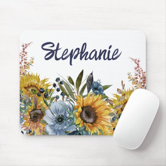 Gelbe Sonnenblumen Navy Blauer Name Mousepad (Mit Mouse)