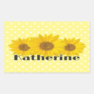 Gelbe Sonnenblumen Polka Dots Individuelle Name Rechteckiger Aufkleber
