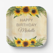 Gelbe Sonnenblumen Rustikales Land Happy Birthday Pappteller (Vorderseite)